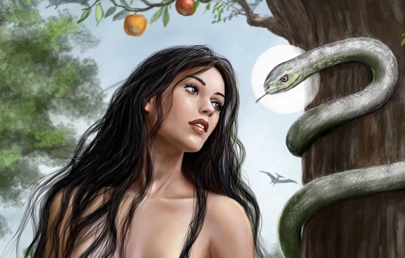Фото обои взгляд, девушка, дерево, волосы, змея, арт, яблоня, ева