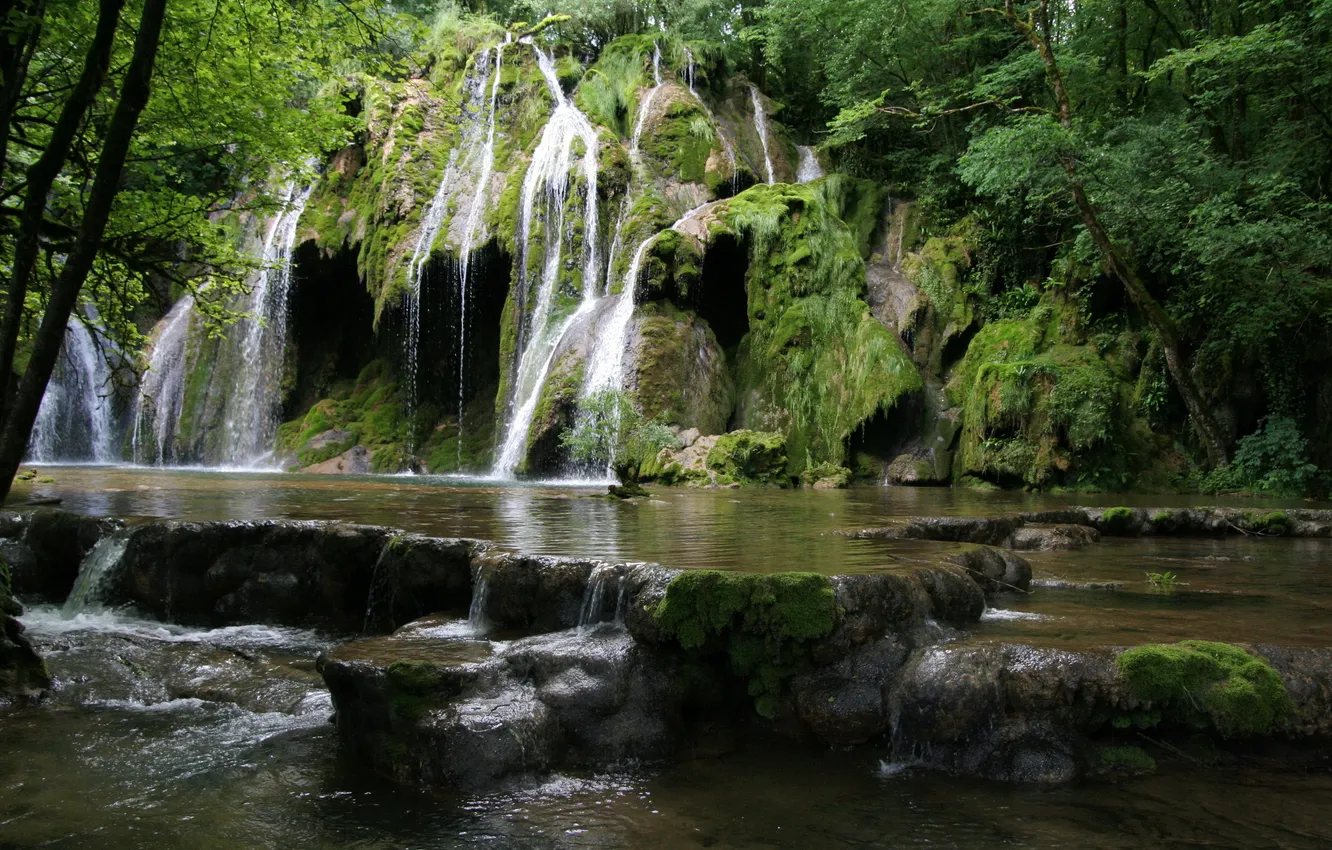 Фото обои природа, камни, фото, Франция, водопад, мох, Franche-Comte, Cascades des Tufs