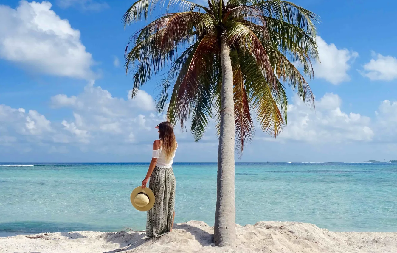 Фото обои девушка, пальма, океан, шляпка