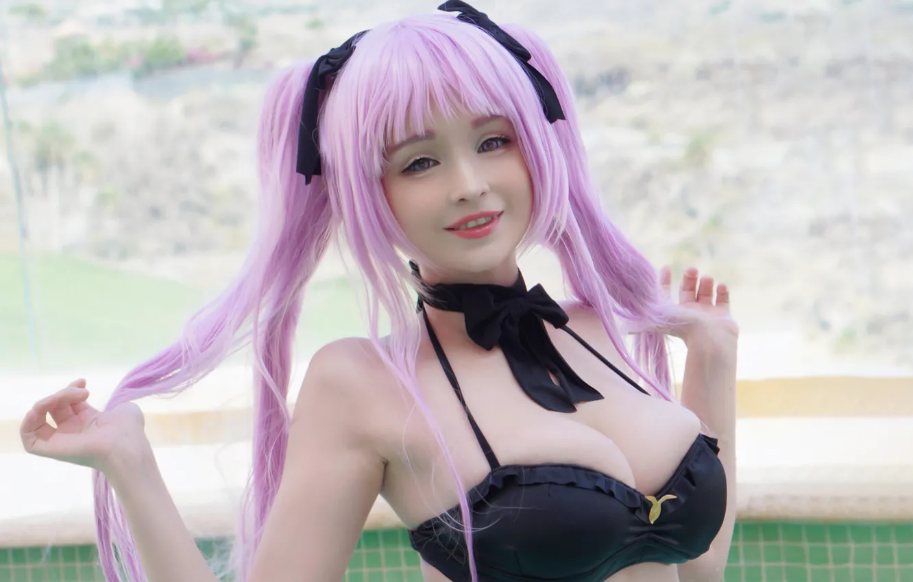 Фото обои girl, sexy, cleavage, pink hair, long hair, boobs, smile, beautiful