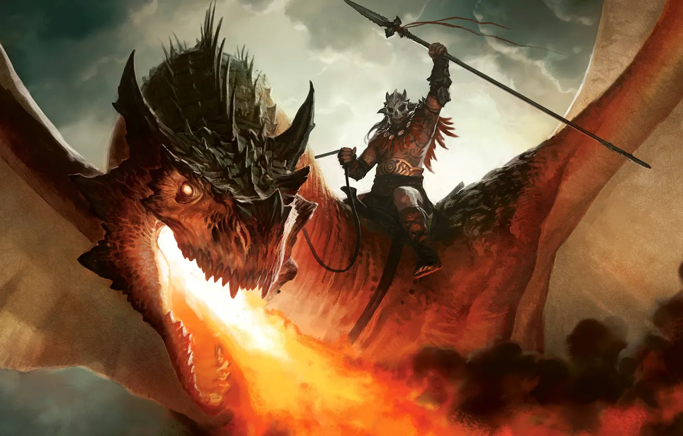 Фото обои огонь, дракон, рисунок, воин, арт, всадник, Dragon, копьё