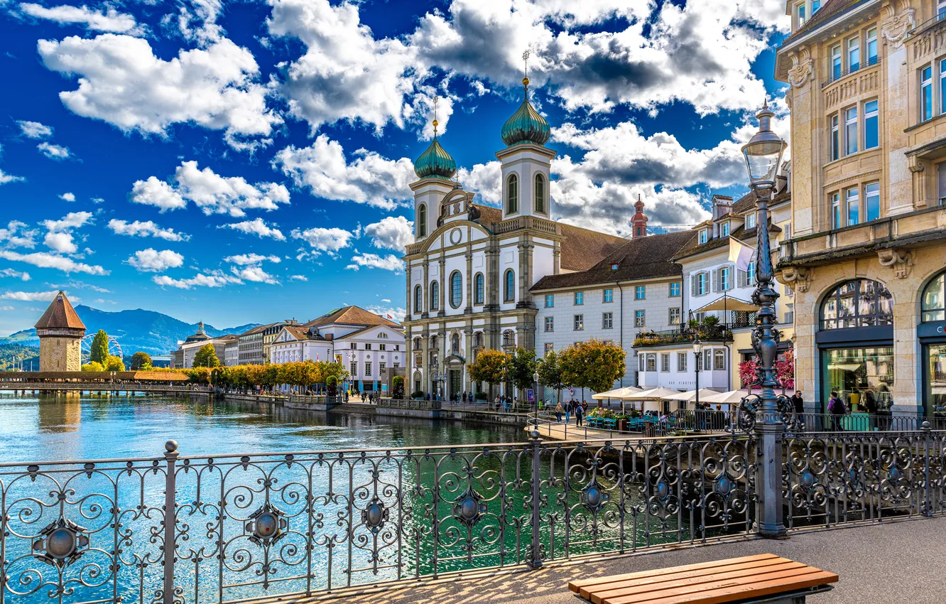 Фото обои Облака, Дома, Швейцария, Мосты, Luzern