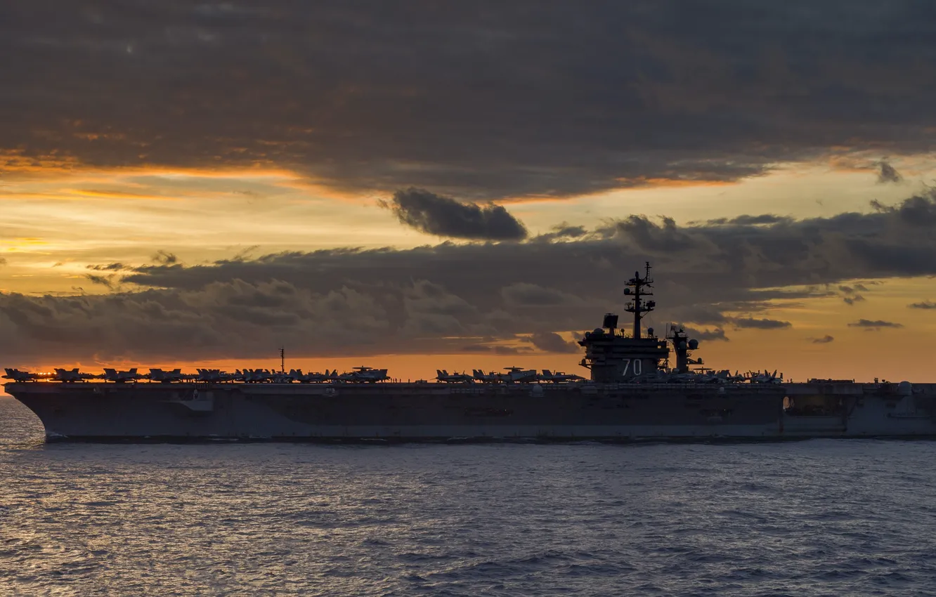 Фото обои море, рассвет, авианосец, USS, Carl Vinson, (CVN 70)