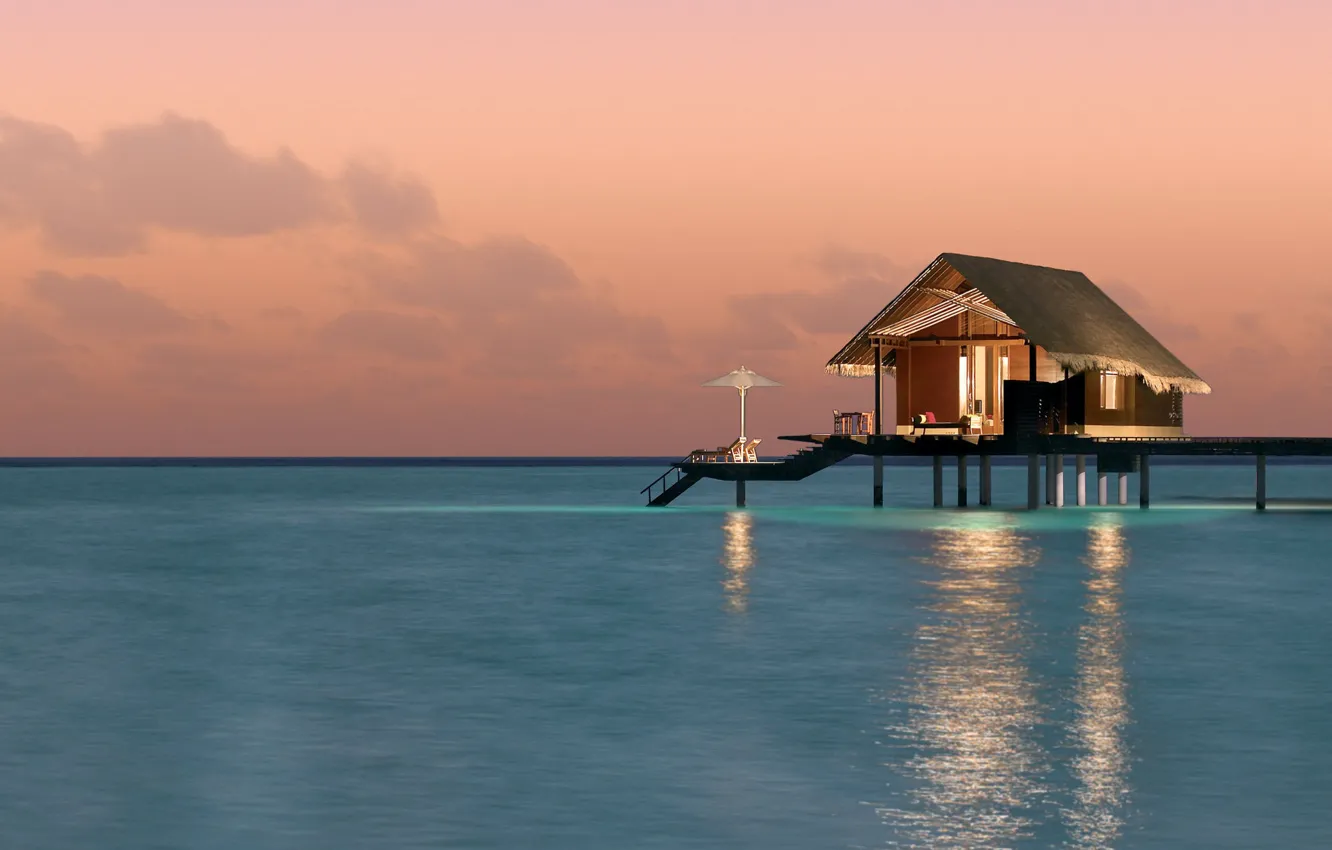 Фото обои океан, вечер, причал, бунгало, romantic, reethi-rah, private water villa