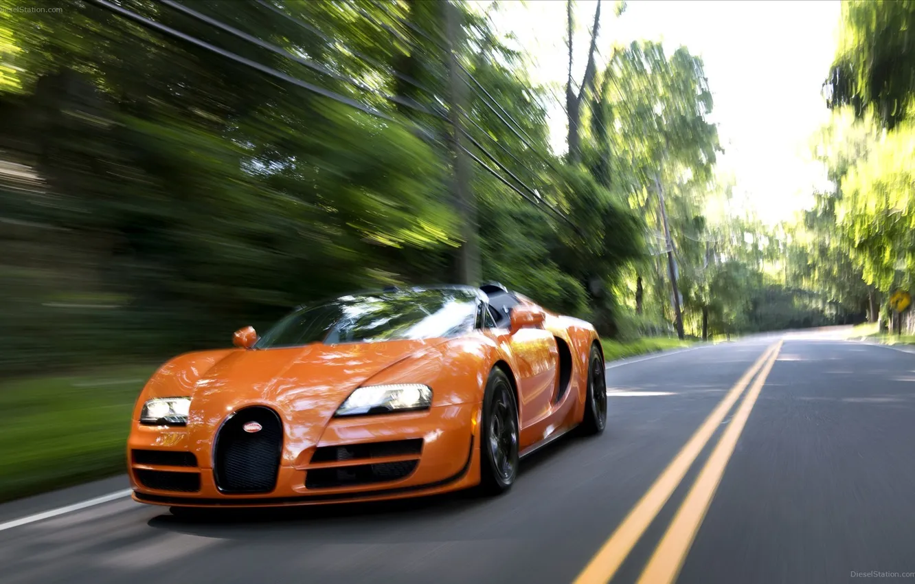 Фото обои Roadster, Bugatti, Veyron, supercar, road, speed, orange, Grand Sport