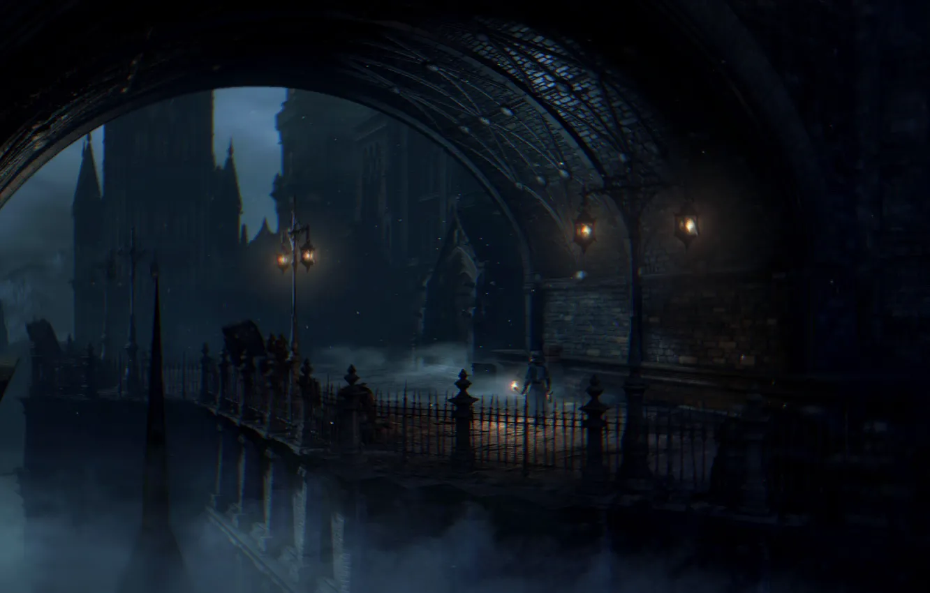 Фото обои ночь, туман, забор, человек, кирпич, фонари, арка, башни
