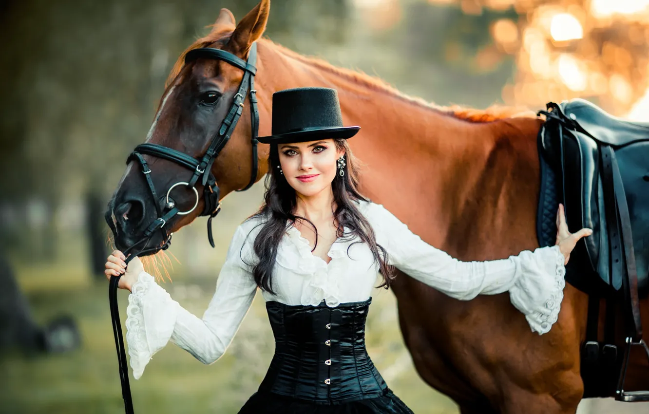 Фото обои взгляд, девушка, природа, конь, лошадь, шляпа, брюнетка, Ольга Бойко