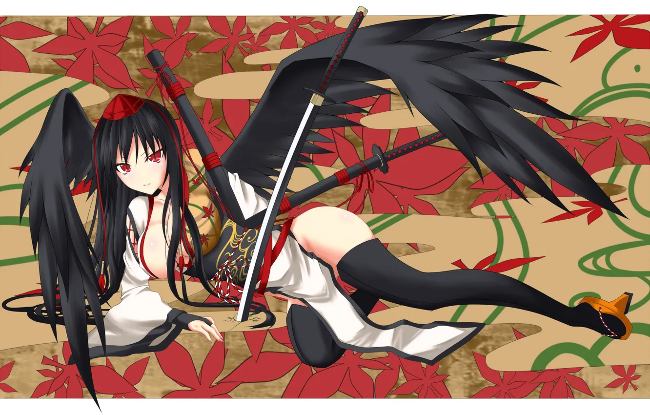 Фото обои катана, красная шапочка, гейша, кимоно, Aya Shameimaru, кленовые листья, ножны, черные чулки