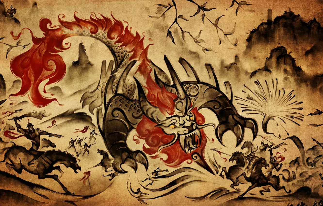 Фото обои горы, китай, бой, битва, чудовище, мифология, нянь, извергает огонь