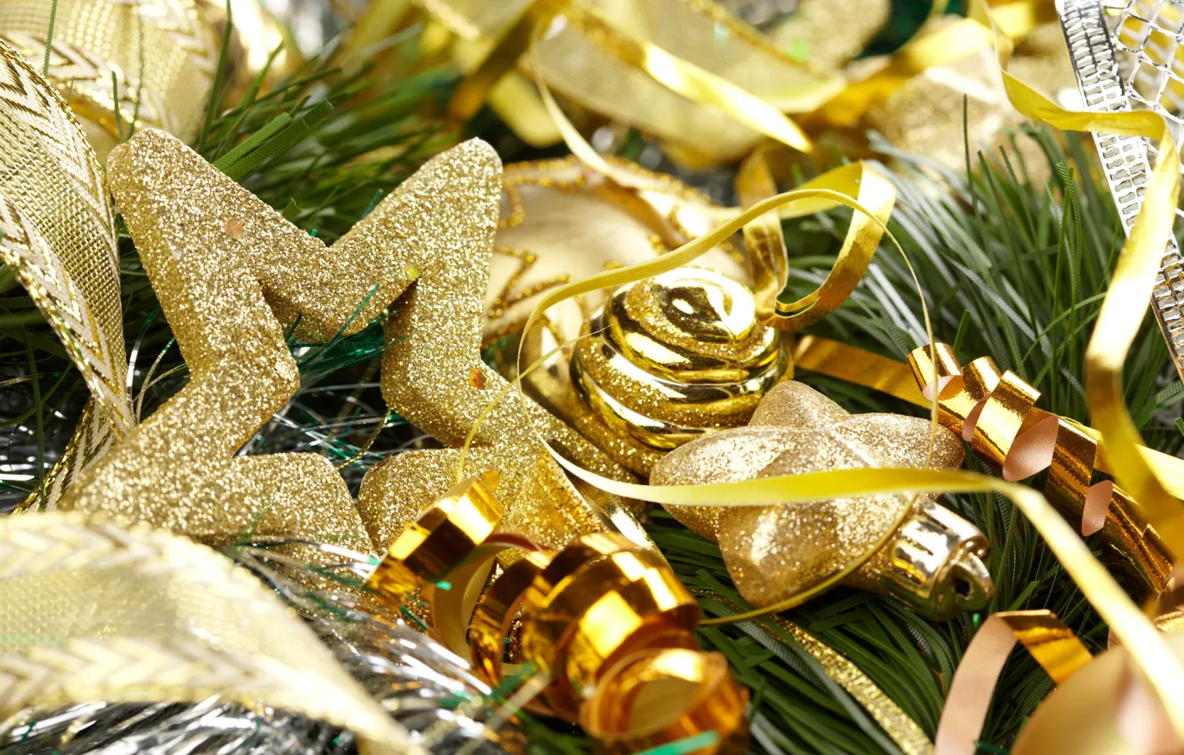 Фото обои праздник, шары, игрушки, звезда, елка, новый год, ель, блестки
