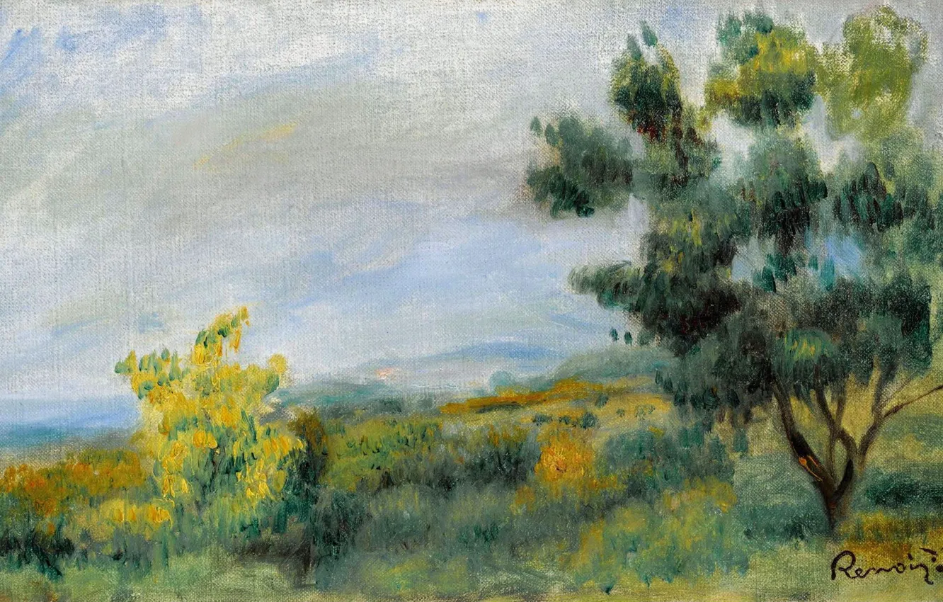 Фото обои картина, 1900, Пьер Огюст Ренуар, Pierre Auguste Renoir, Пейзаж с Деревьями и Морем