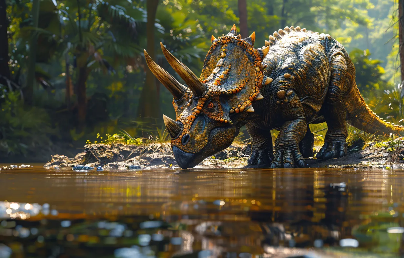 Фото обои вода, деревья, животное, динозавр, рога, пить, Triceratops, цифровое искусство