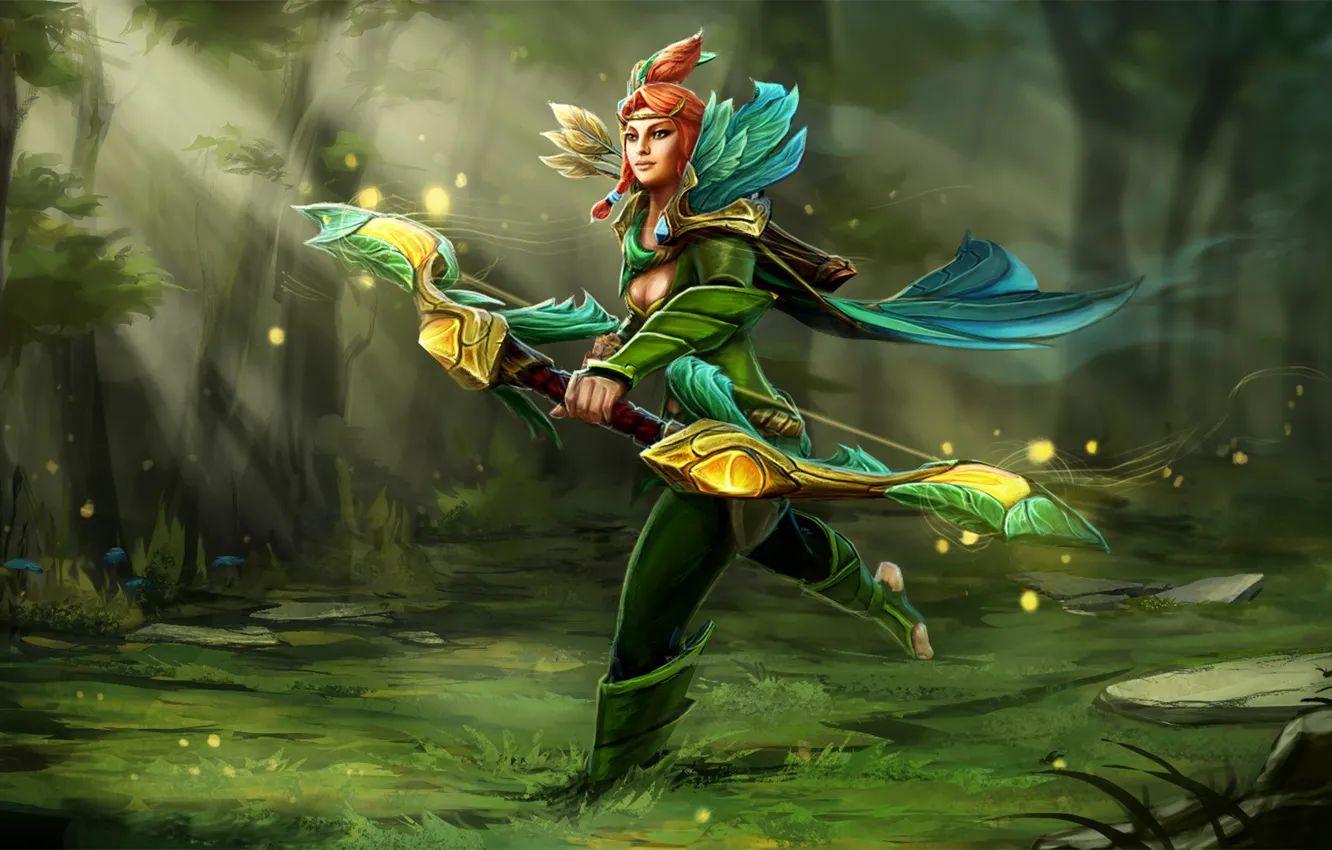 Фото обои зелень, трава, девушка, оружие, лучница, рыжая, Defense of the Ancients, cool