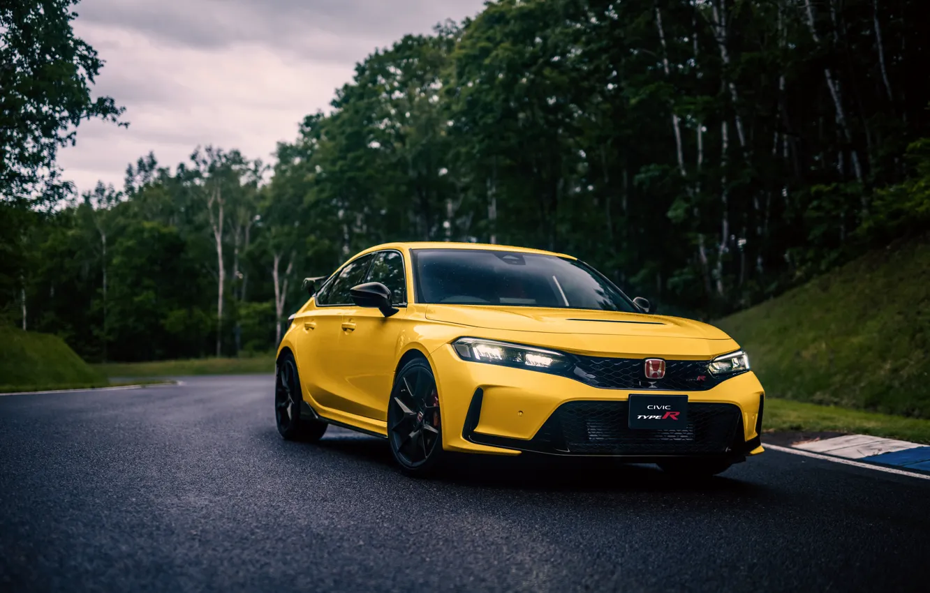 Фото обои Желтый, Трасса, Автомобиль, Honda Civic Type R (2022)