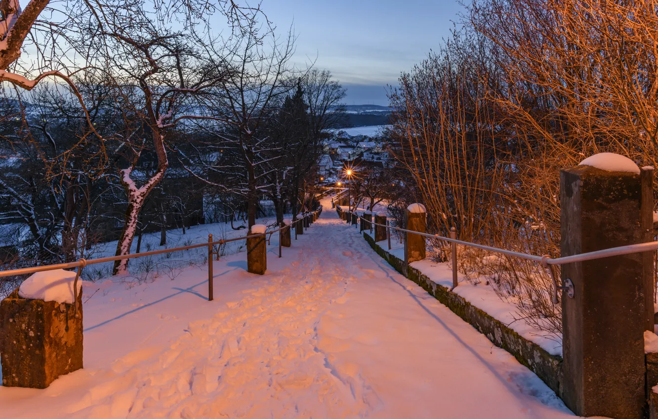Фото обои зима, дорога, снег, city, город, парк, вечер, Германия