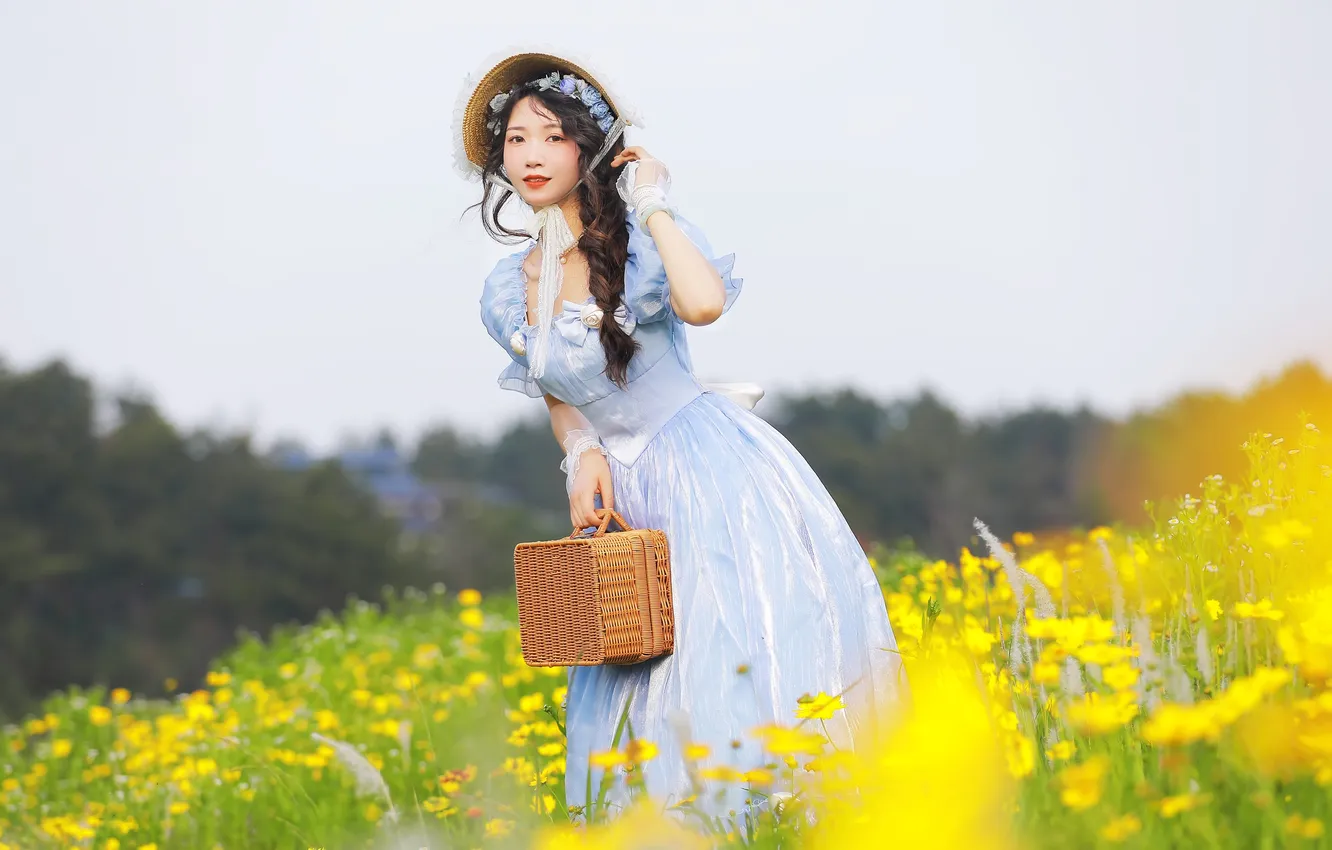 Фото обои Beautiful, Asian, Model, Flowers, Smile, Woman, Valley, Hat