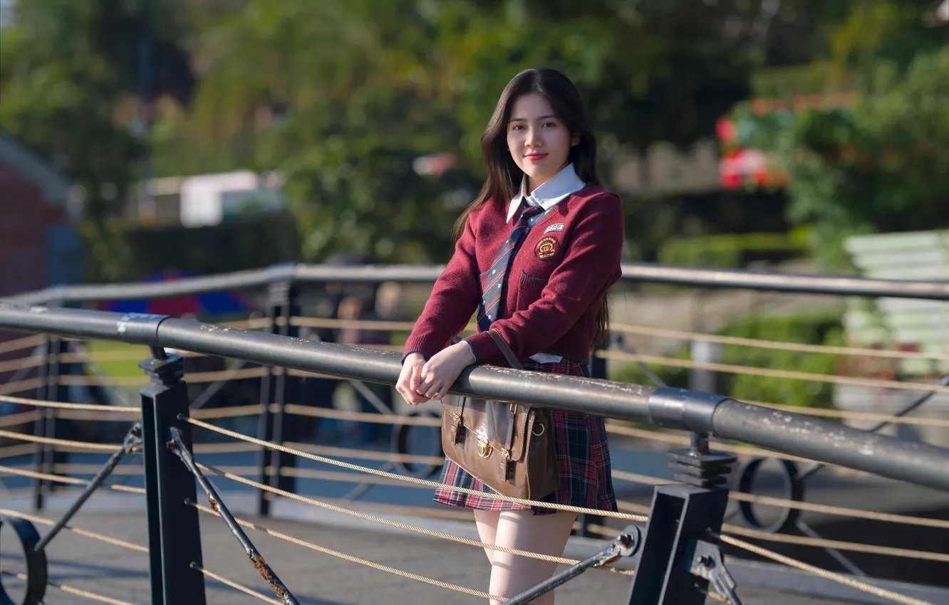 Фото обои девушка, брюнетка, азиатка, униформа