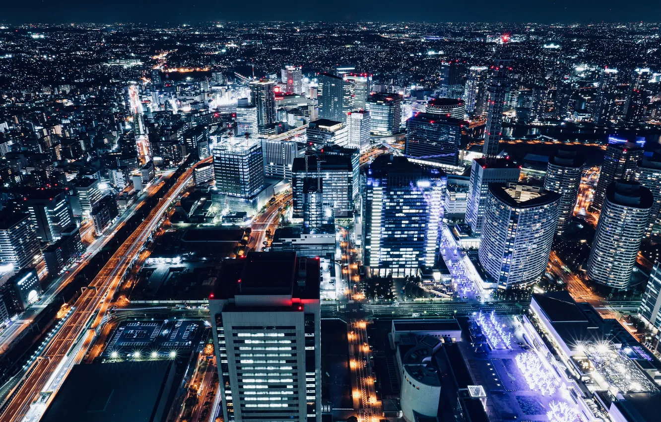 Фото обои city, город, здания, дороги, горизонт, архитектура, мегаполис, вид сверху