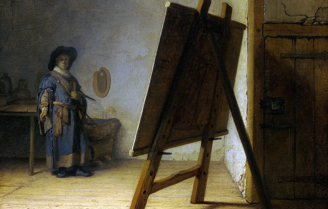 Фото обои картина, автопортрет, Рембрандт ван Рейн, Художник в Своей Студии