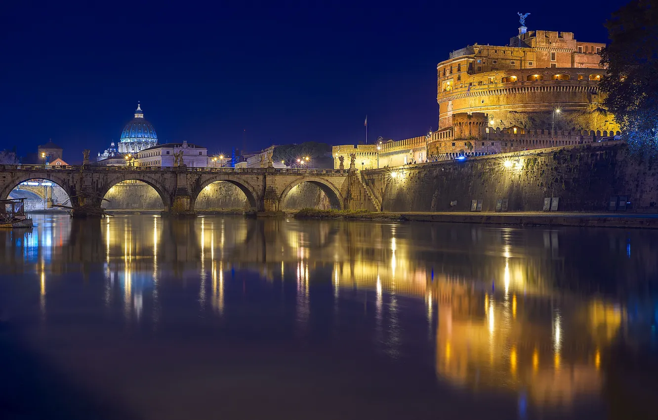 Фото обои Рим, Италия, Тибр, Мост Святого Ангела, Замок Святого Ангела, моост