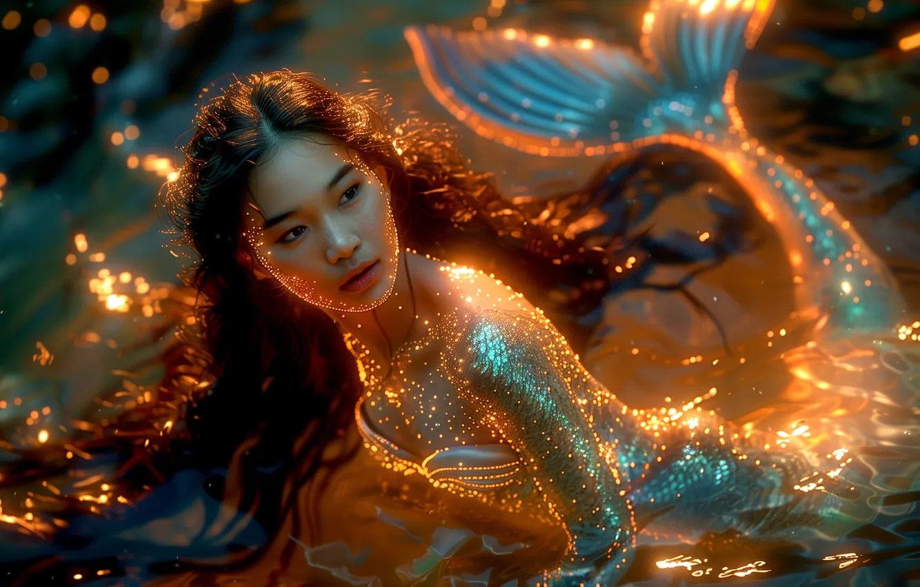 Фото обои вода, девушка, волосы, русалка, хвост, цифровое искусство, ИИ-арт, Искусство искусственного интеллекта