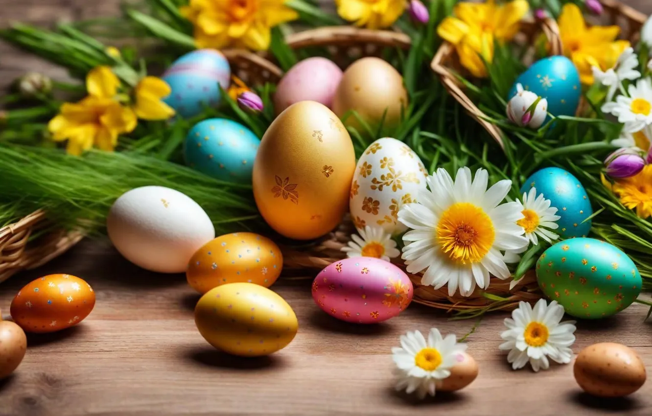 Фото обои цветы, яйца, весна, colorful, Пасха, happy, flowers, spring