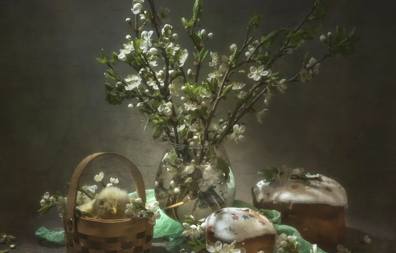Фото обои ветки, вишня, праздник, Пасха, ткань, ваза, натюрморт, корзинка