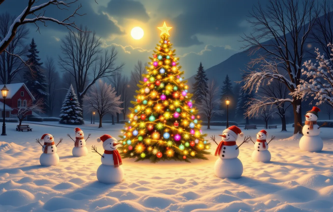 Фото обои зима, поле, лес, облака, шарики, снег, горы, огни