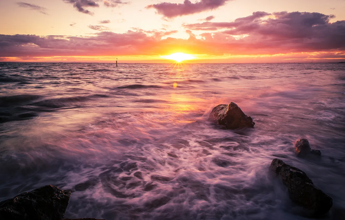 Фото обои песок, пляж, солнце, океан, рассвет, горизонт
