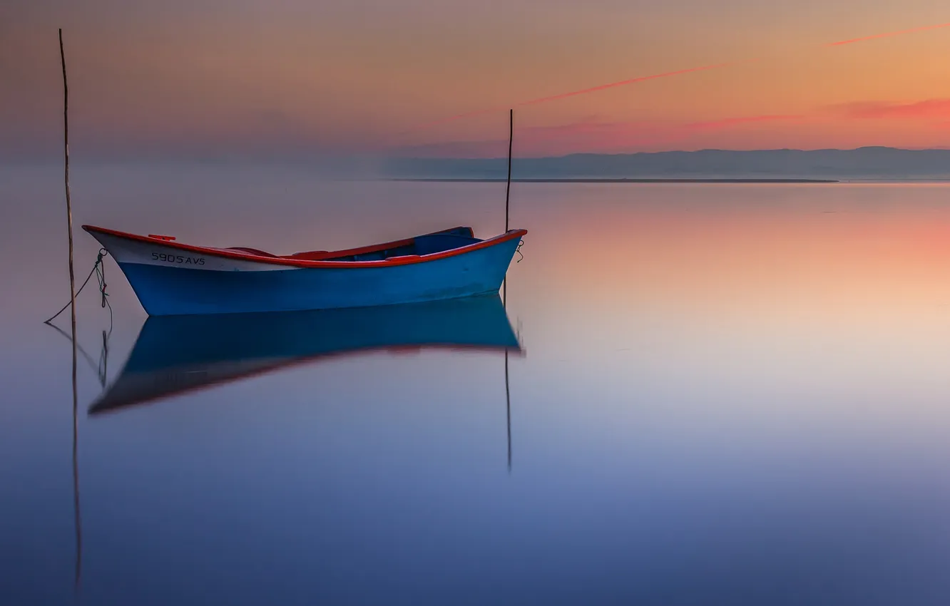 Фото обои sunset, portugal, boat, lagoon, ria de aveiro