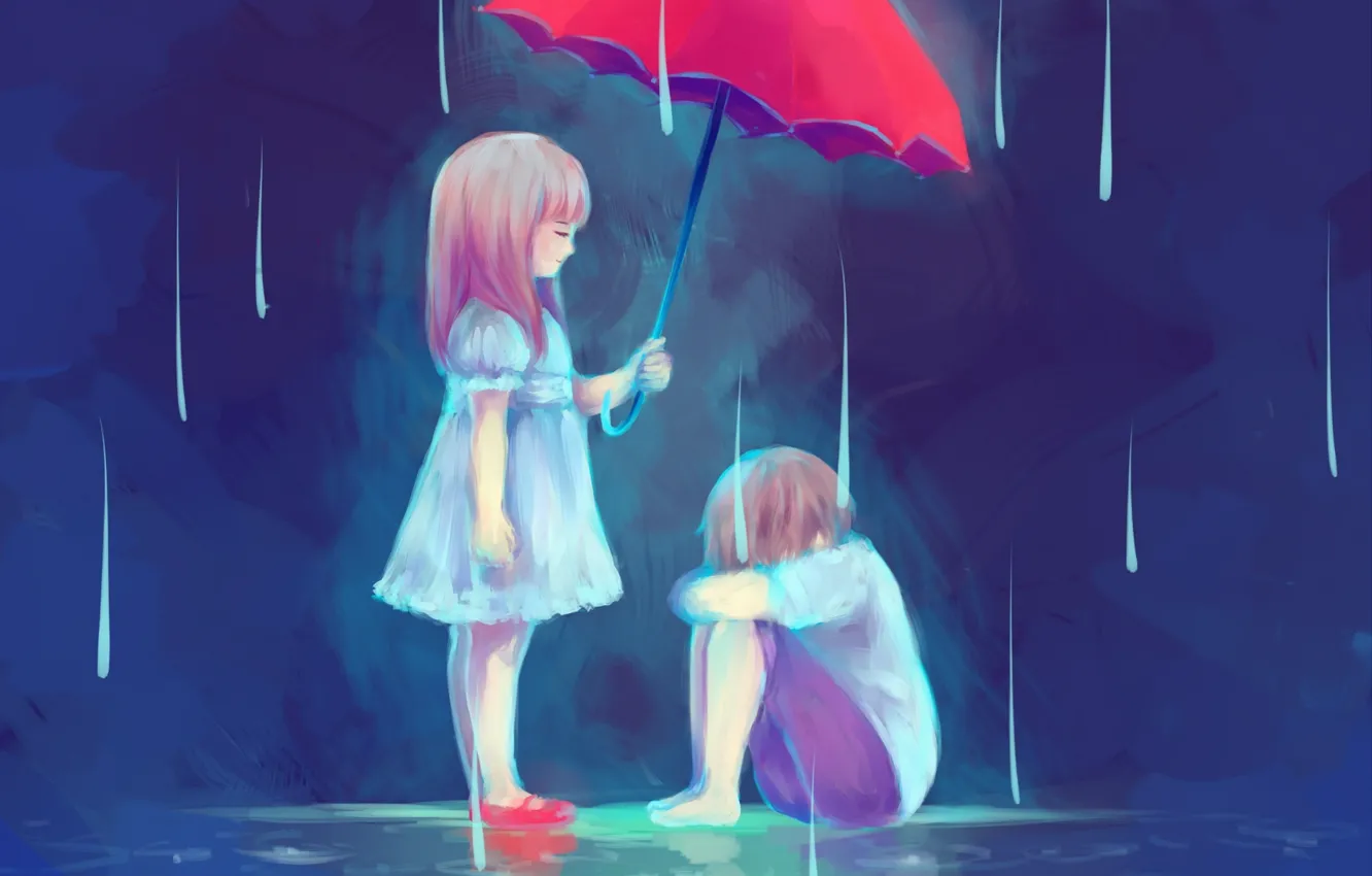 Фото обои вода, зонтик, дождь, мальчик, Дети, арт, девочка, blauerozen