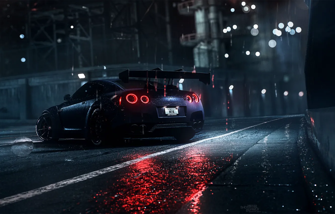 Фото обои Авто, Ночь, Машина, Дождь, Nissan, GT-R, Need for Speed, Daredevil