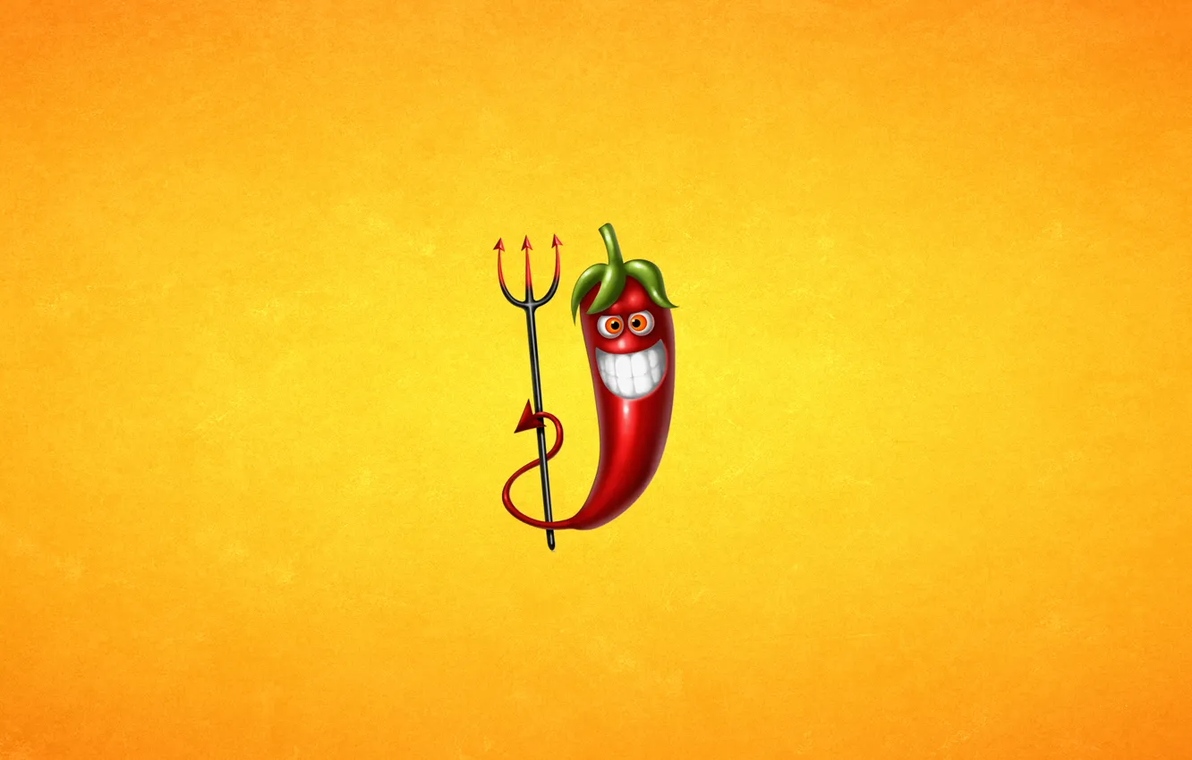 Фото обои красный, улыбка, минимализм, трезубец, перец, светлый фон, чили, pepper