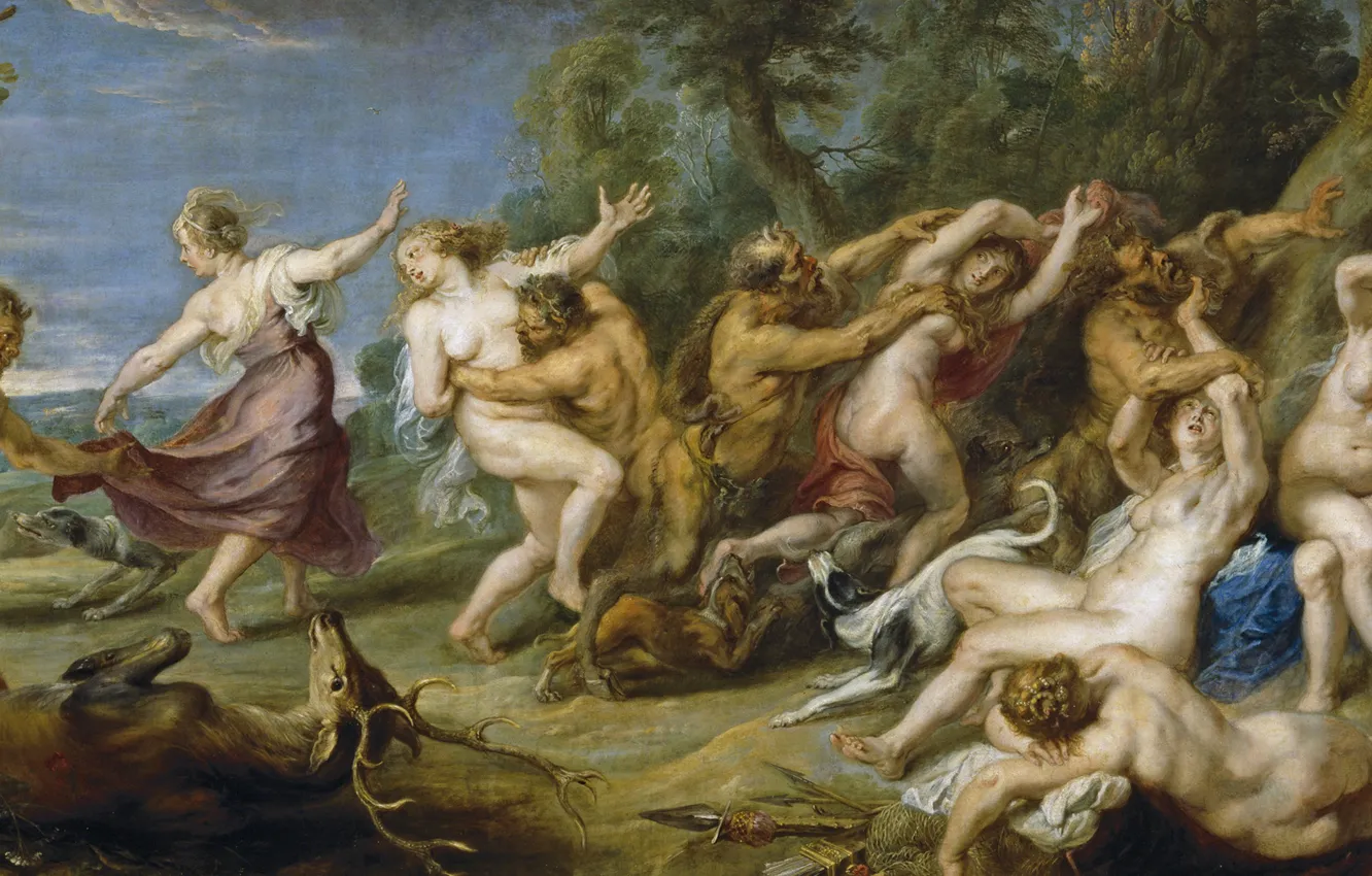 Фото обои картина, Питер Пауль Рубенс, мифология, Pieter Paul Rubens, Диана и её Нимфы Напуганы Сатирами