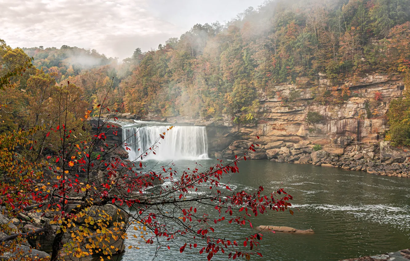 Фото обои осень, река, водопад