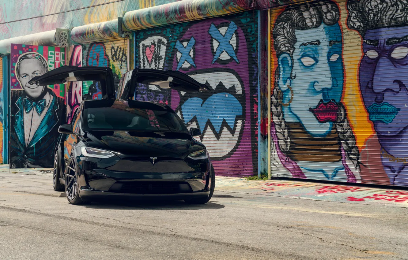 Фото обои Front, Black, Graffiti, Tesla, Model X, Sight, Tesla Model X