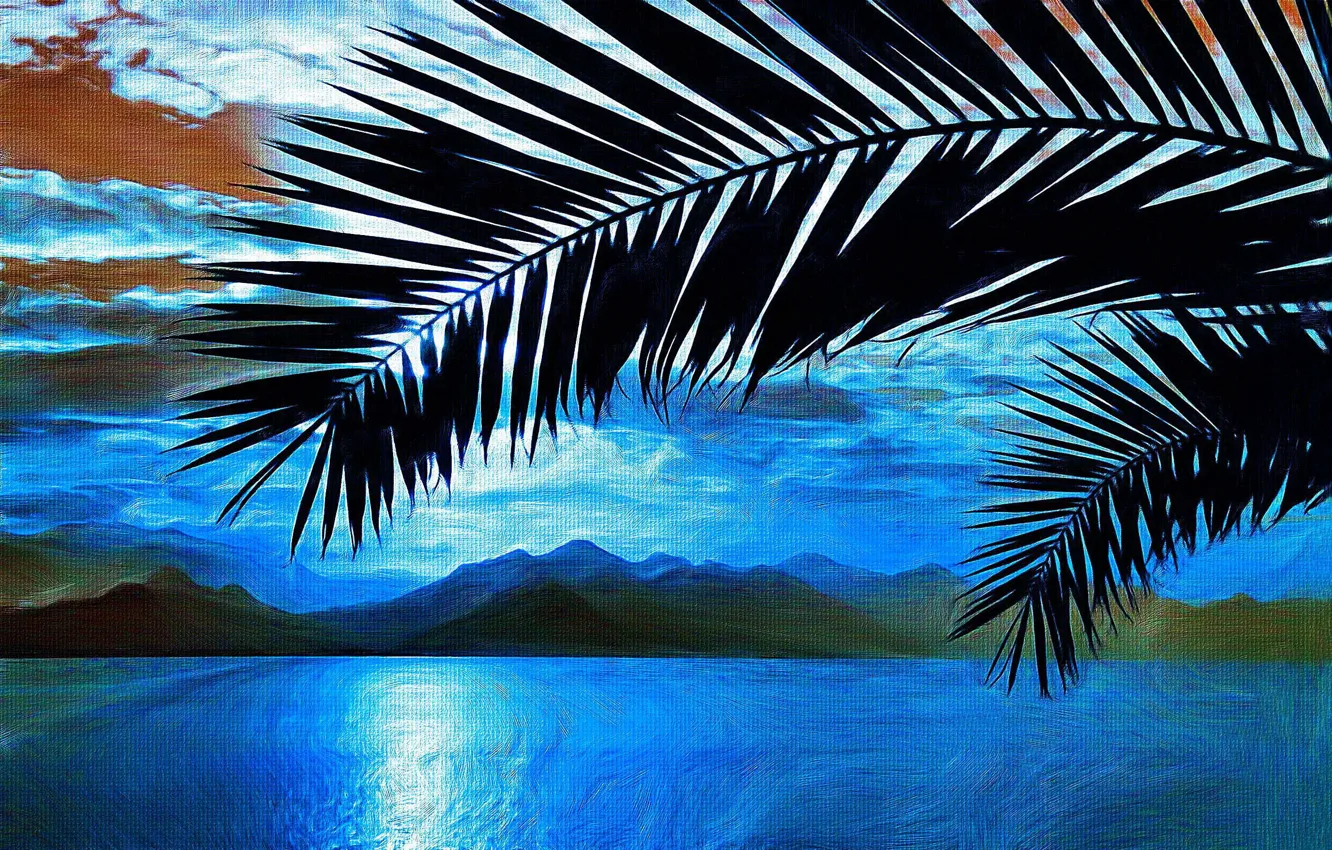 Фото обои море, пальмы, картина, ветка, арт, живопись, painting, горы.