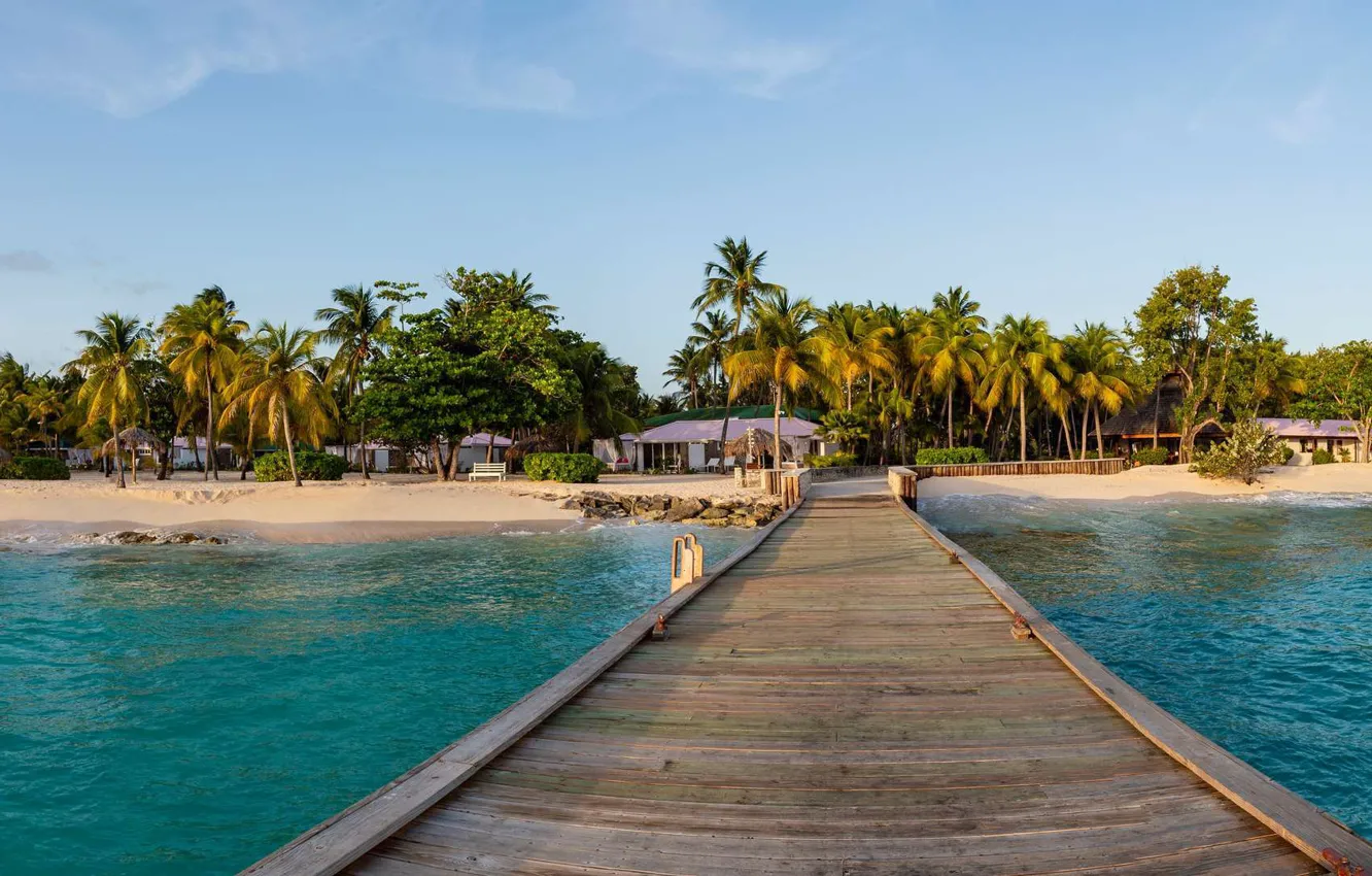 Фото обои пляж, пальмы, причал, курорт, Карибы, Caribbean, Saint Vincent & Grenadines, Palm Island Resort