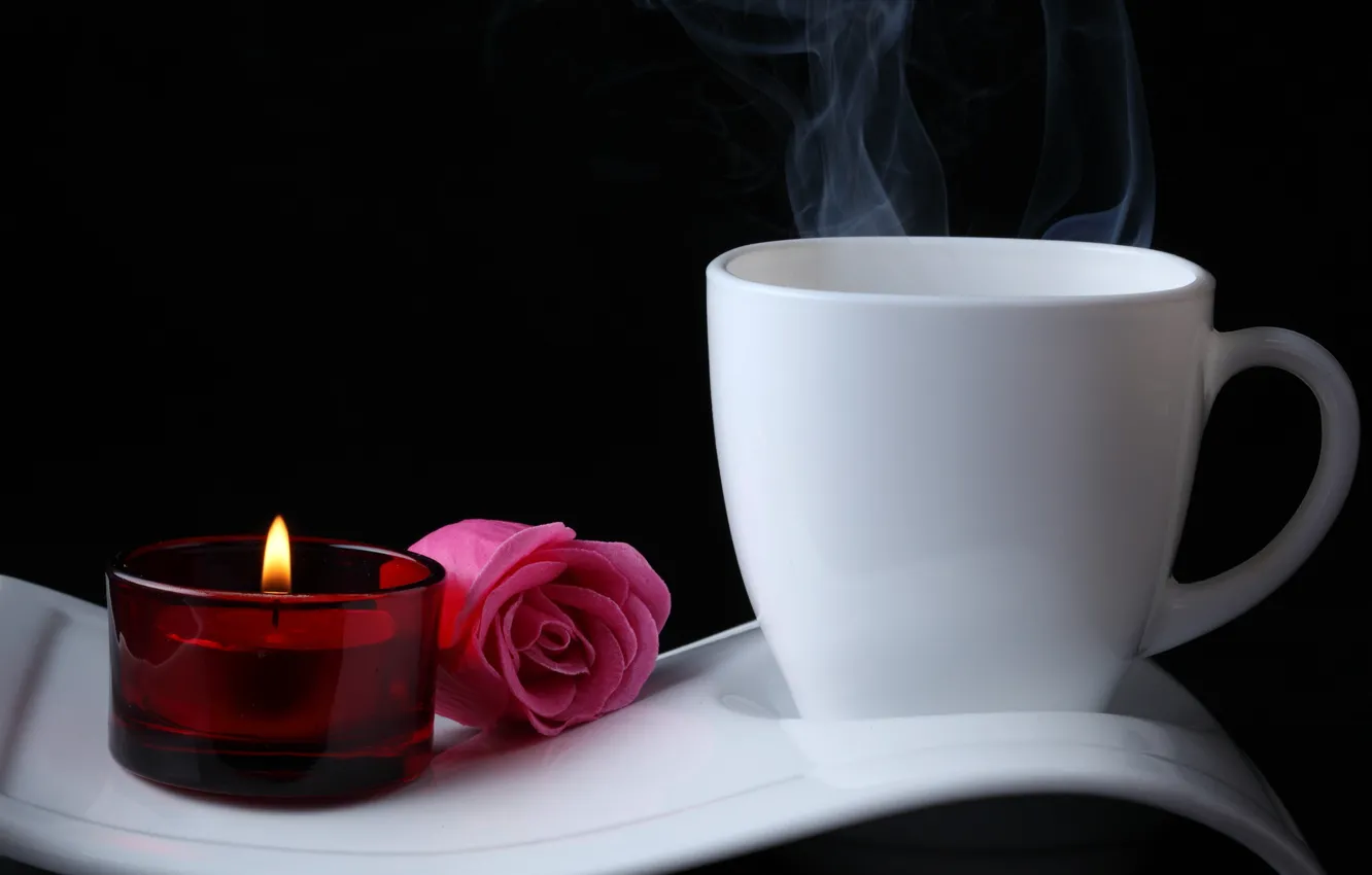 Фото обои цветы, кофе, свеча, Роуз