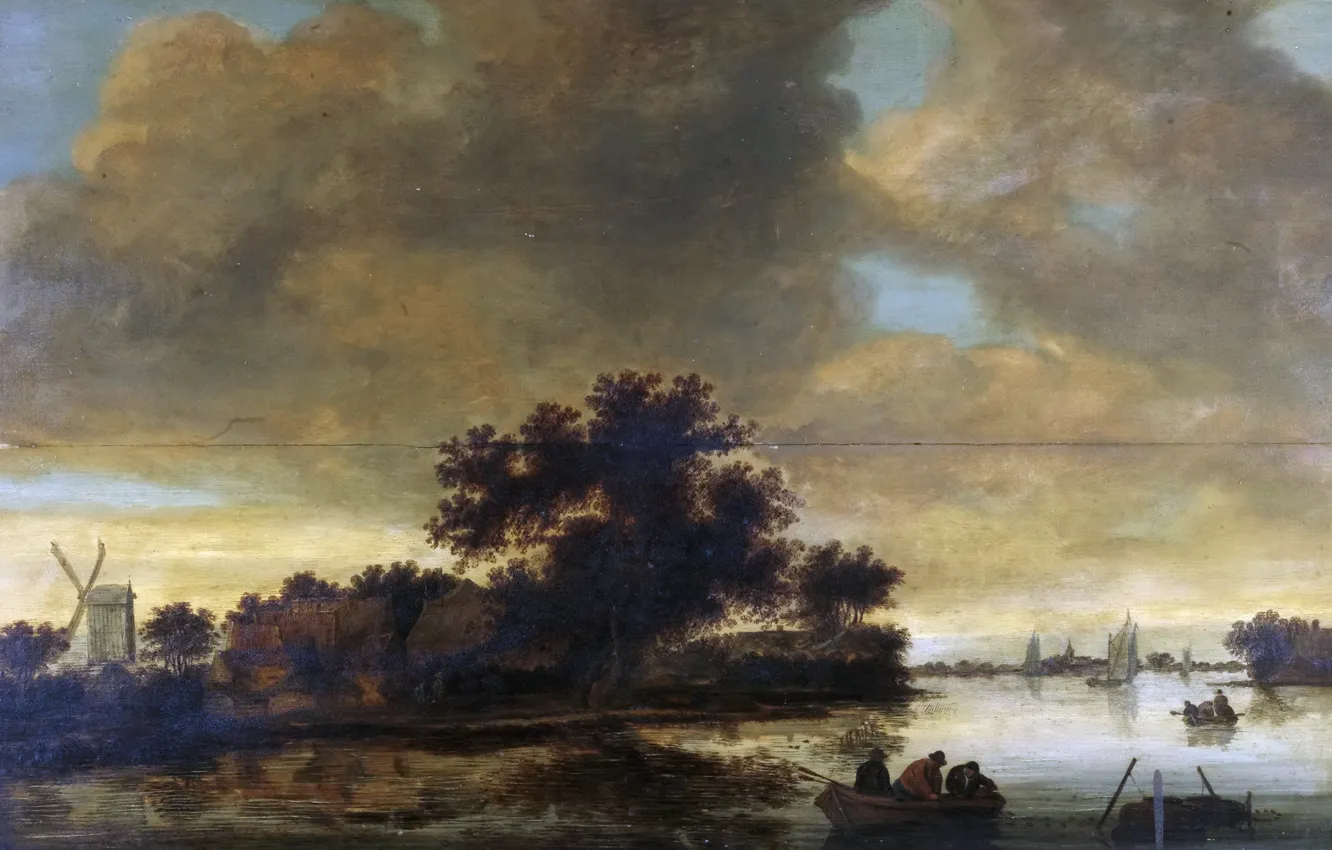 Фото обои дерево, лодка, картина, Речной Пейзаж с Лодками и Мельницей на Берегу, Frans Anthonisz van der …