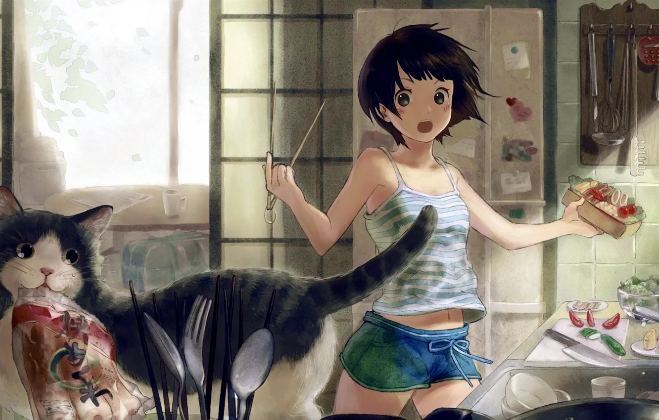 Фото обои Girl, shorts, anime, food, cat, short hair, animal, brunette