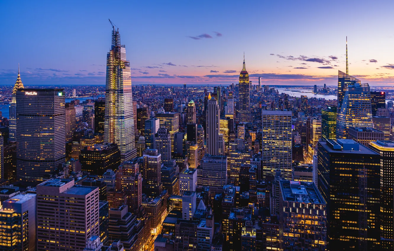 Фото обои здания, дома, Нью-Йорк, панорама, ночной город, Манхэттен, небоскрёбы, Manhattan