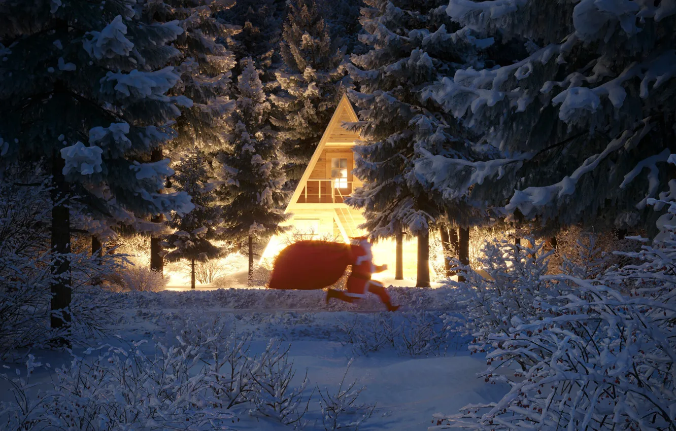 Фото обои зима, снег, деревья, дом, Рождество, Новый год, Дед Мороз, бежит