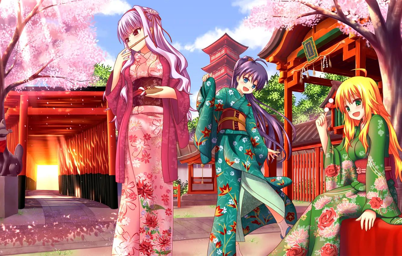 Фото обои девушки, еда, сакура, арт, кимоно, врата, солнечные лучи