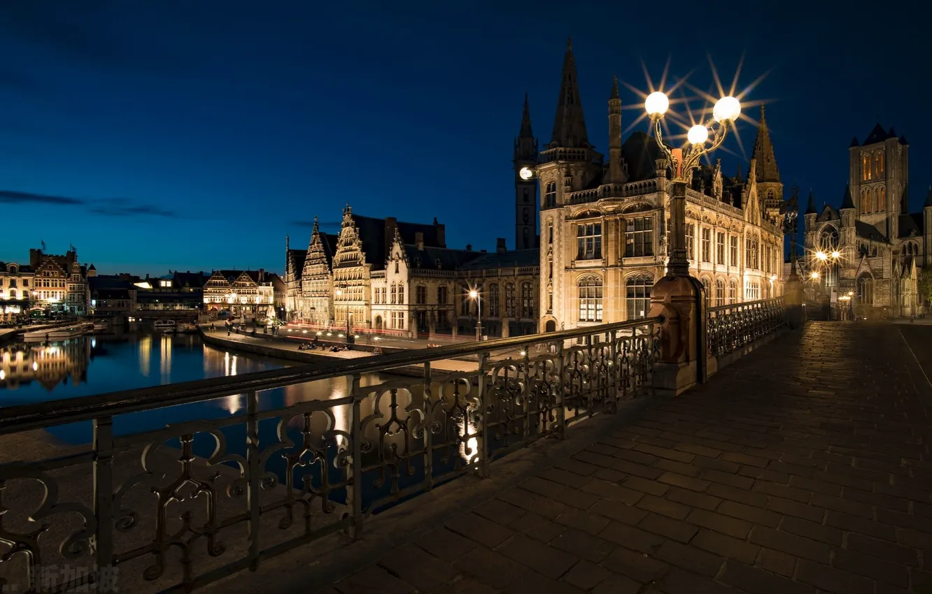Фото обои ночь, город, огни, Бельгия, Гент, Sint Michiels Bridge