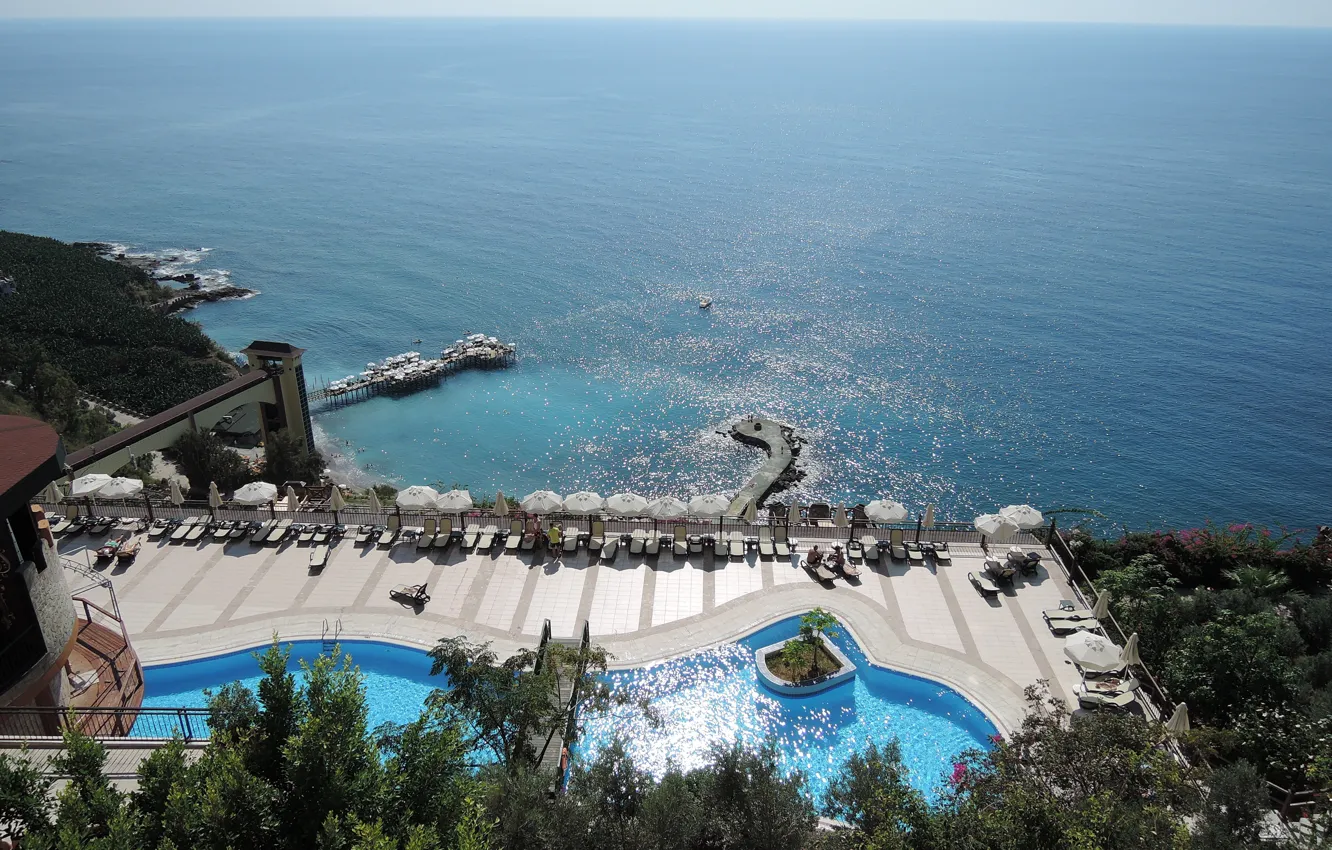 Фото обои море, солнце, природа, спокойствие, высота, пирс, отель, Турция