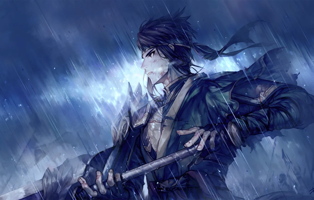 Фото обои оружие, дождь, аниме, арт, повязка, парень, danhu