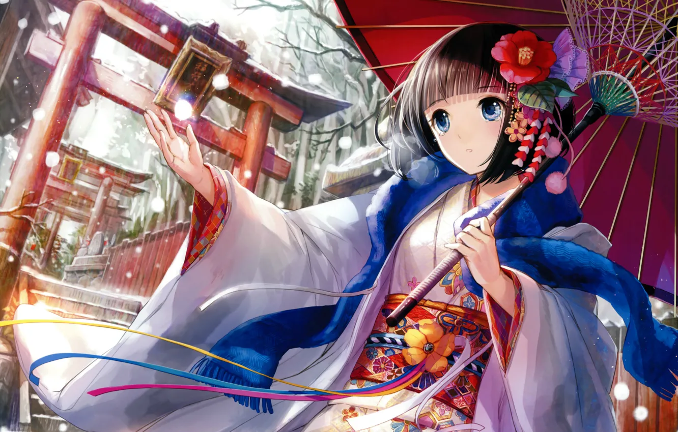 Фото обои снег, зонт, ворота, шарф, девочка, храм, кимоно, голубые глаза