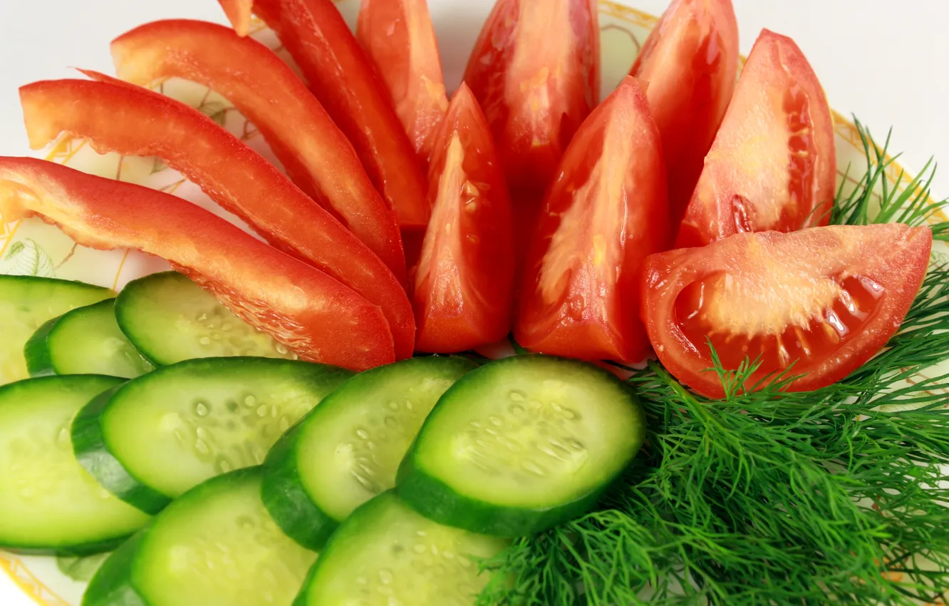 Фото обои укроп, овощи, помидоры, нарезка, огурцы