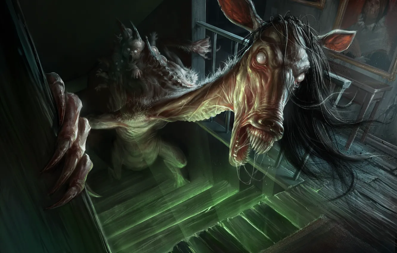 Фото обои horse, creepy, stairs, humanoid creature, demoniac